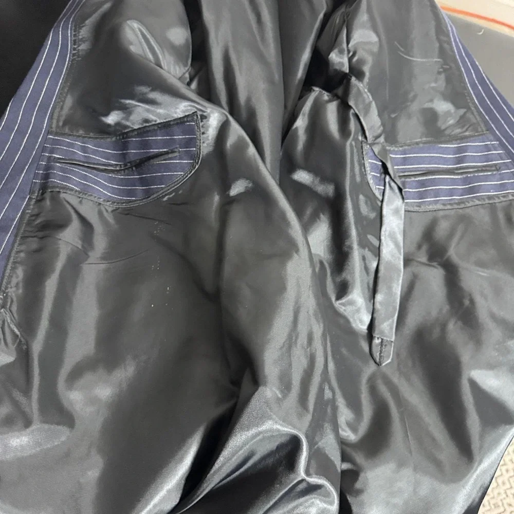 Custom Tailored Vtg Suit Mens 42L 34x33 Navy Pinstripe Double‎ Breasted Peak
